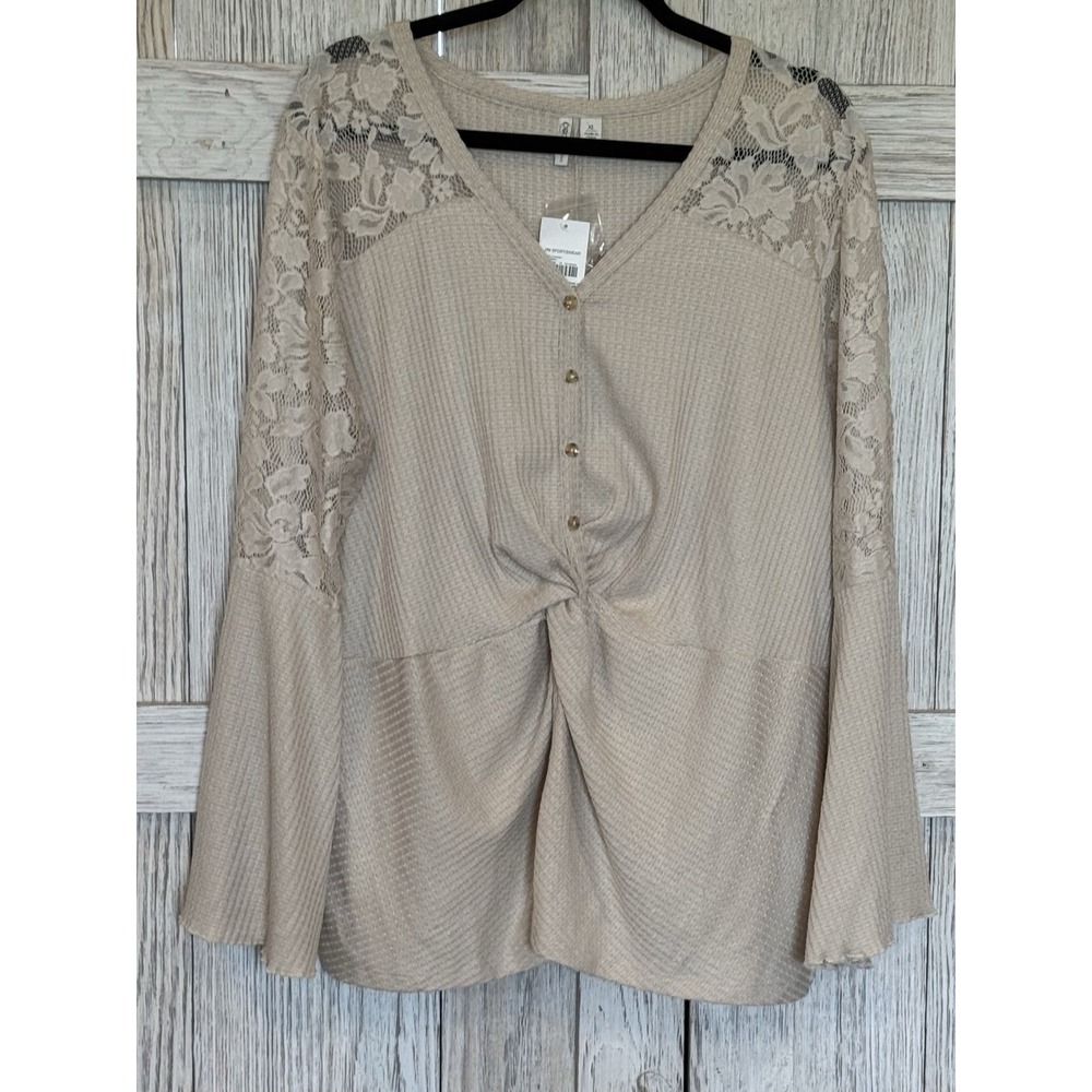 CATO Womans Beige Waffle Knit Front Twist Lace Blouse Top  Size XL